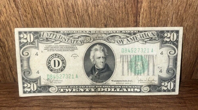 1934-C Twenty Dollar $20 Green Seal Federal Reserve Note - Old U.S. Currency