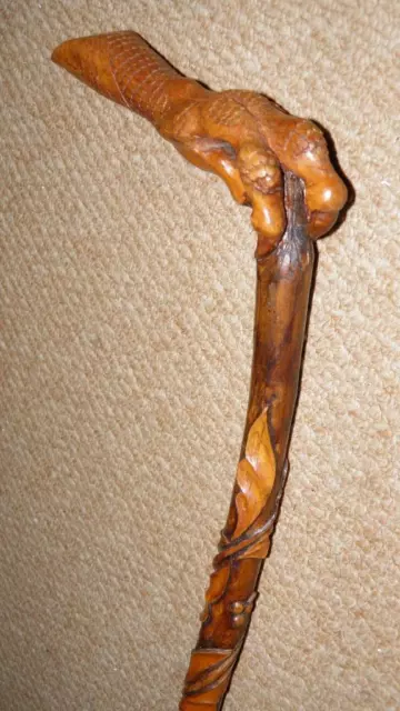 Antique Rustic Walking Stick - Hand-Carved Leaves & Berries & Bird Talon Handle