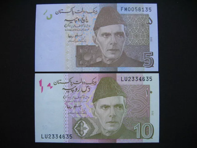 PAKISTAN  5 + 10 Rupees 2010  (P53c + P54c)  UNC