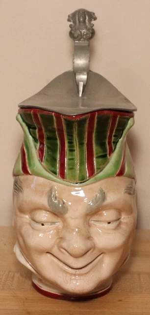 Majolica Man Character by Sarreguemines - 1L antique pitcher / beer stein # 65