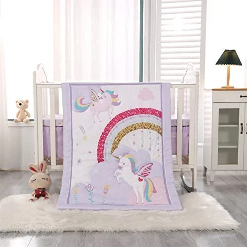 Crib Bedding Set Purple, Premium 3-Piece Baby Bedding Set Unicorn, Baby Girl