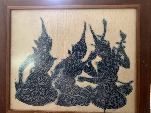 Outstanding Quality Vintage  Thai Temple Rubbing w/three blue Musicians ink rebe