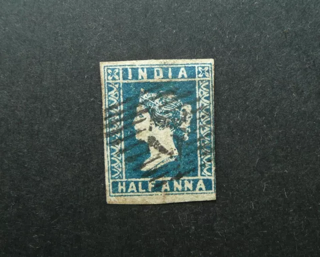 INDIA 1854 QV 1/2a HALF ANNA BLUE LITHO IMPERF STAMP - USED