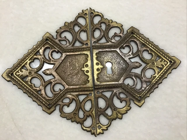 Vintage Brass Ornate Key Hole Escutcheon Large 7” x 5”