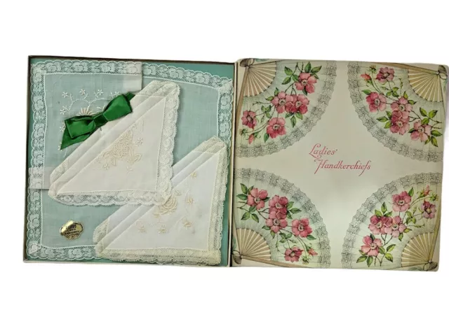 Collectible Ladies Hankerchiefs Labeled "Swiss Hand Loom Embroidery with Box