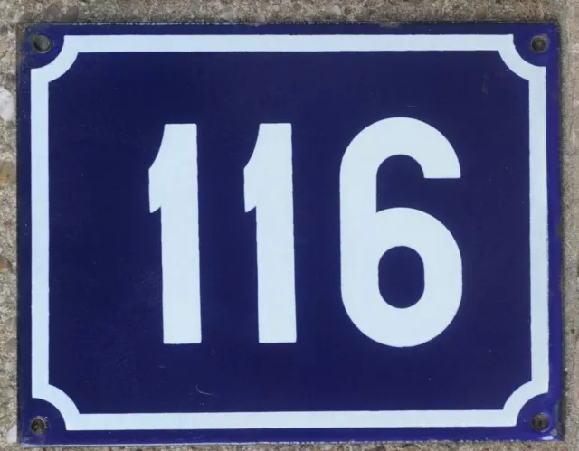 Large old blue French house number 116 door gate plate plaque enamel sign NOS