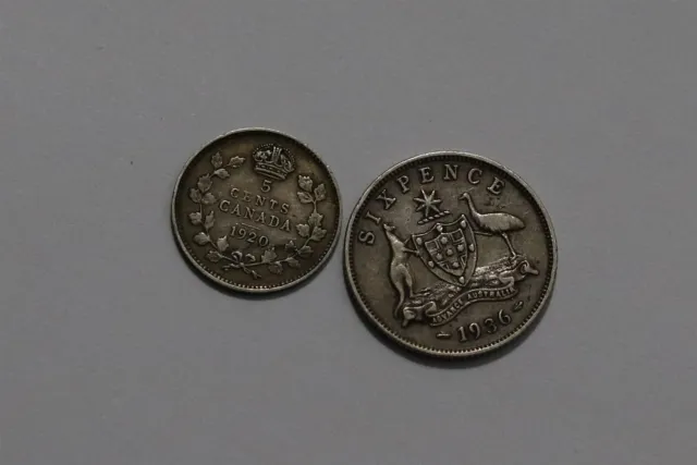 🧭 🇦🇺 Australia 6 Pence 1936 + 5 Cents 1920 Canada Both Silver B59 #1 Xl45