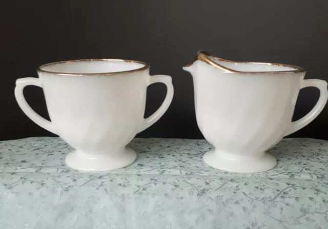 Vtg Anchor Hocking Fire King Creamer And Sugar Bowl Milk Glass "Golden Swirl"