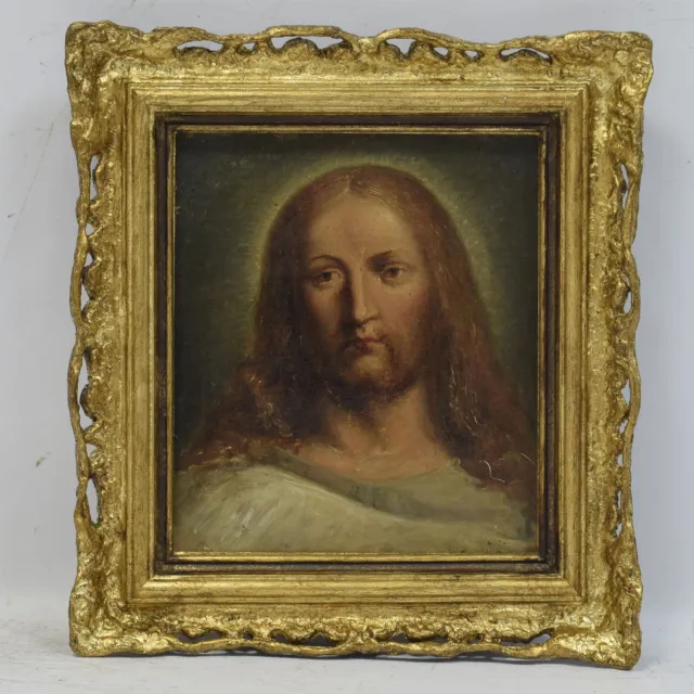del XIX secolo Quadro Antico Dipinto Olio  Ritratto di Gesù Cristo 39x36 cm