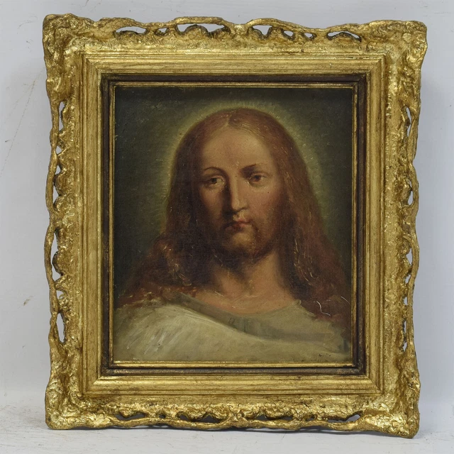 del XIX secolo Quadro Antico Dipinto Olio  Ritratto di Gesù Cristo 39x36 cm