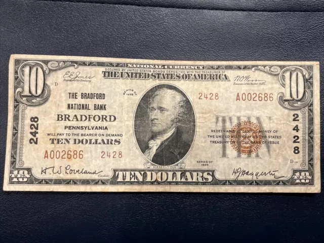 1929 $10 BRADFORD National Bank Bradford Pa National Currency Ch# 2428 ...