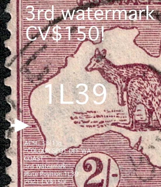  2/- MAROON KANGAROOS 3rd WMK “COLOUR SPOT OFF WA” ACSC 38(1)g CV$150 @ 1L39