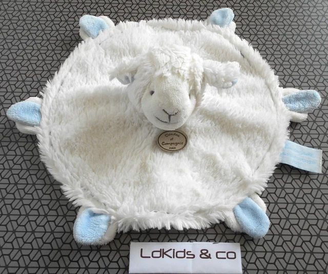 DOUDOU et COMPAGNIE " Mon tout petit " AGNEAU PLAT ROND  BLANC BLEU 25 cm D1503