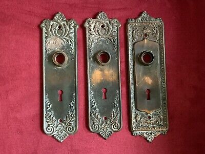 Lot Of 3 Antique Door Back Plates Ornate With Skeleton Key Opening 8.5”