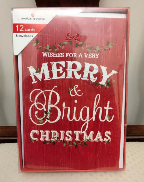New American Greetings Christmas Cards & Envelopes Box Of 12 Merry & Bright