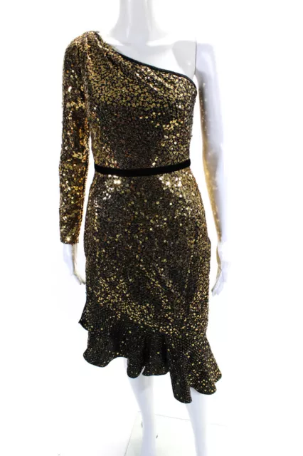Marchesa Notte Womens Gold Sequins One Shoulder Long Sleeve Cocktail Dress Size6