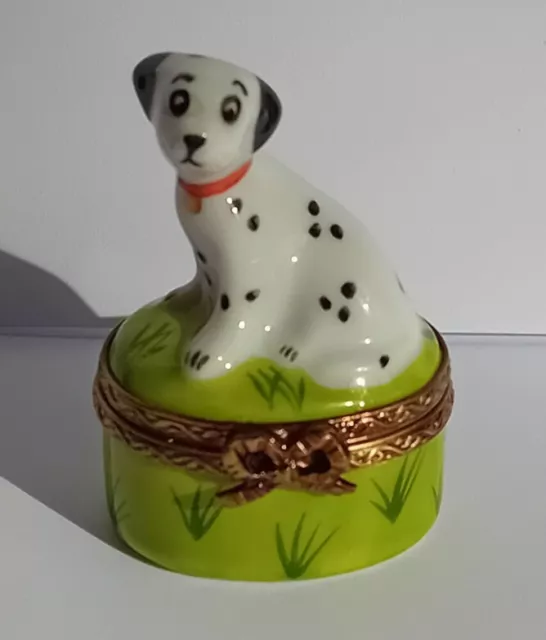 Sweet Limoges Dalmation Dog Enamel Trinket Box Peint Main Hand Painted