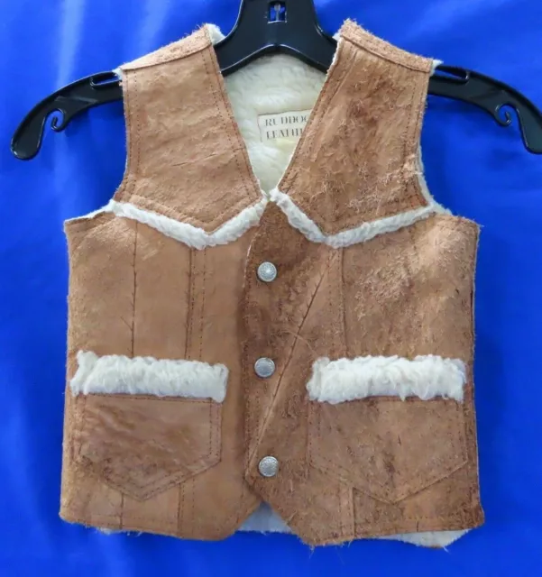 Vintage RUDDOCK LEATHER VEST Faux Sherpa Liner WESTERN COWBOY Little Boys SZ 6