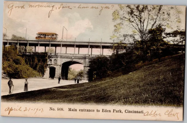 1907 Cincinnati, Ohio Entrance to Eden Park Antique Postcard Trolley
