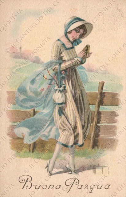 1919 Buona Pasqua Donnina Artista G. MALUGANI Cartolina augurale illustrata
