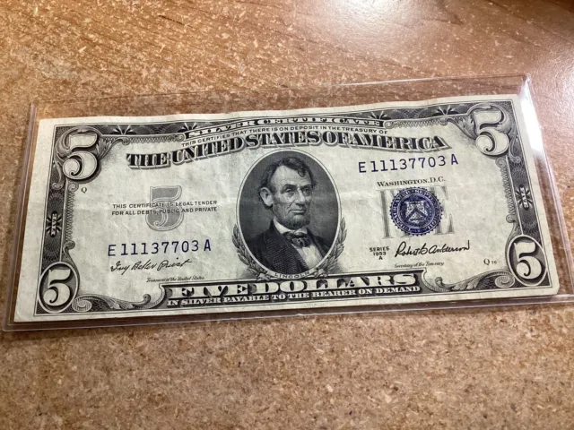 1953-A-$5 Misaligned Silver Certificate Blue Seal-Dollar-7703 A