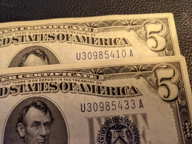(2) Blue Seal $5.00 Silver Certificate-Series 1934 D  Choice  (23 Numbers Apart) 3