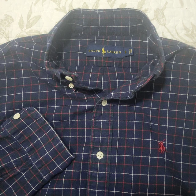 Ralph Lauren Polo Dress Long Sleeve Shirt Navy Blue Plaid Size Small Mens