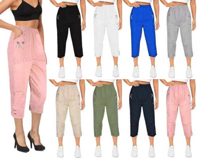 Women Capri Trousers Elasticated Pull On Ladies Three Quarter Cropped 3/4 Pants