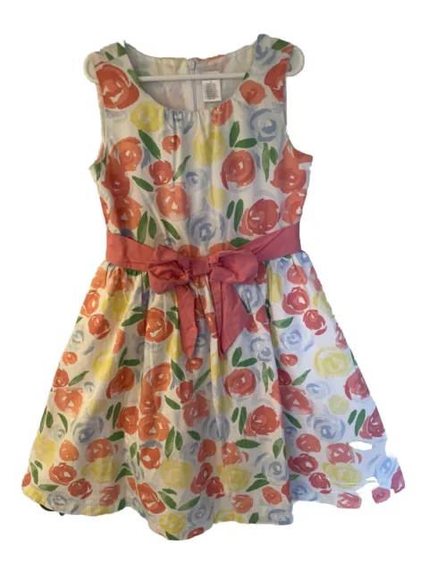 GYMBOREE Girls Size 8 Floral Print DRESS Flowers Bow Coral Yellow Green EASTER