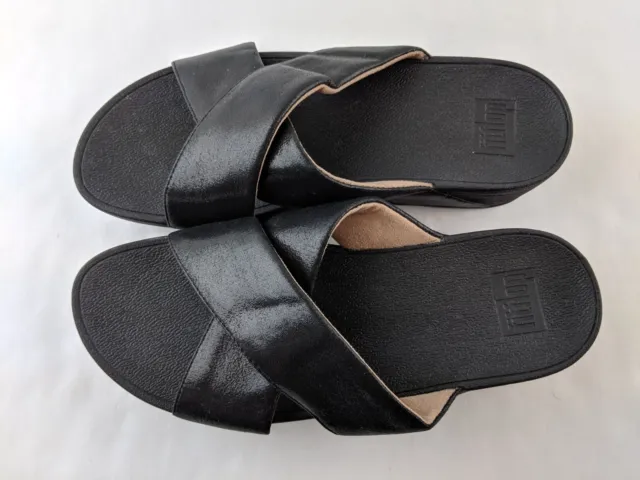 FitFlop Lulu Cross Glitz Slide Sandal Women US 9 Black Fabric Flat Shoe Classic