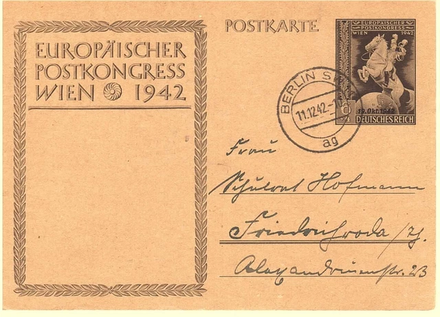 Dt. Reich 1942 pg. EF-GS-Überdruck-Sonderpostkarte 6 Pf. Berlin / Friedrichsroda