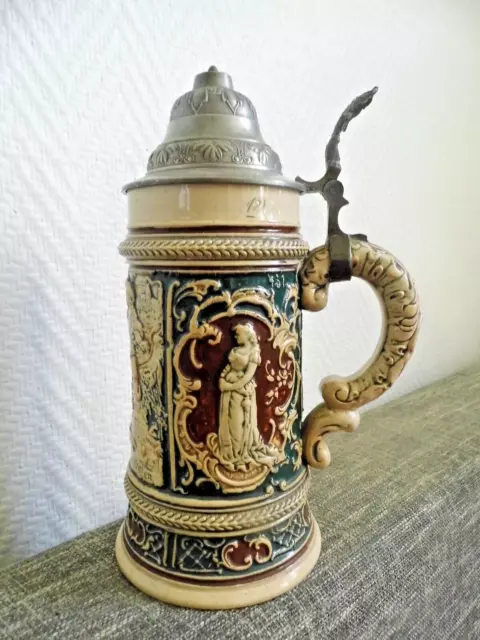 Bierkrug Mit Zinndeckel  Steingut Antik Von 1904