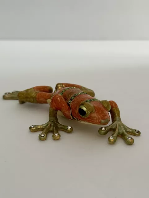 Vintage Orange Frog Trinket Box Figurine Enameled Brass w/Rhinestones Hinged Top