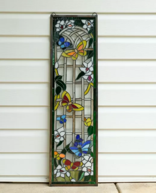 10" x 36" Handcrafted stained glass window panel Butterfly Garden Flower