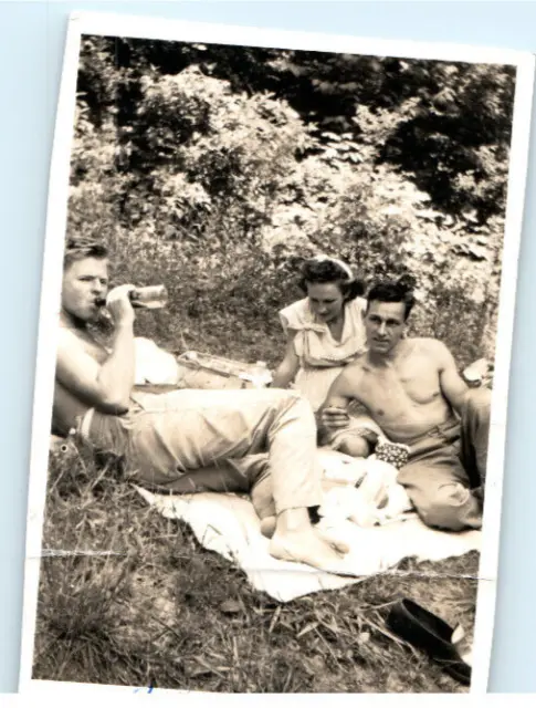Vintage Photo 1948, Shirtless Couples Picnic, Drinking, 4.25x3.25