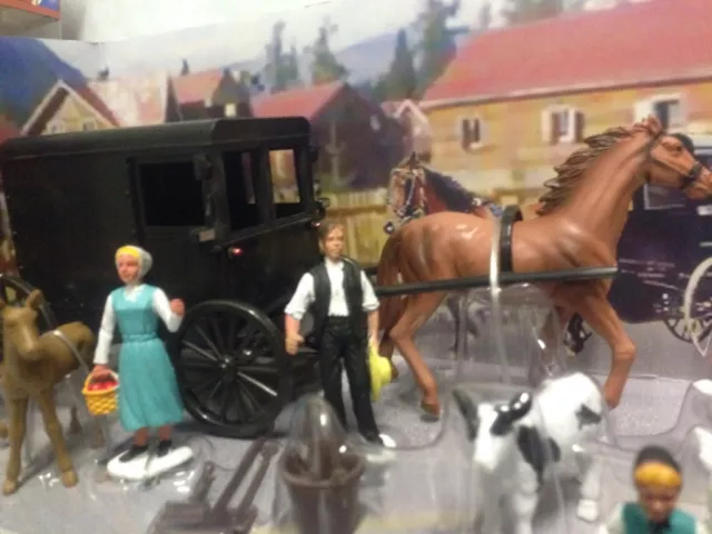 New Ray Country Play Set, Amish Black Buggy Road Set, Figures,Horse, Animal,Toy