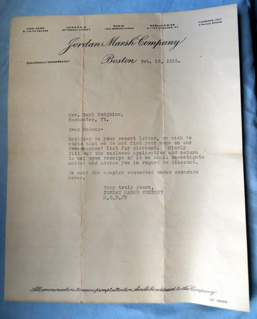 Jordan Marsh Boston 1915 Letter to Dressmaker in Rochester VT - Mail Order Form Jordan Marsh Boston 1915 Letter to Dressmaker in Rochester VT - Mail Order Form
