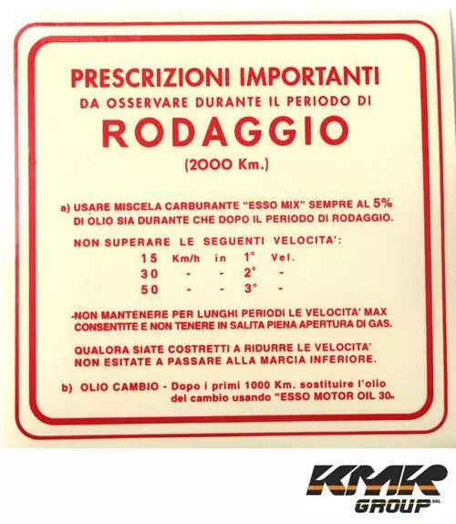 K771 Targhetta Adesivo Rossa Rodaggio Miscela 5% 3 Marce Vespa 50 Special R L N-