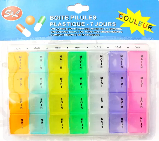 Lot de 24 Pilulier Semainier boite à pilule 7 jours détachable en couleur