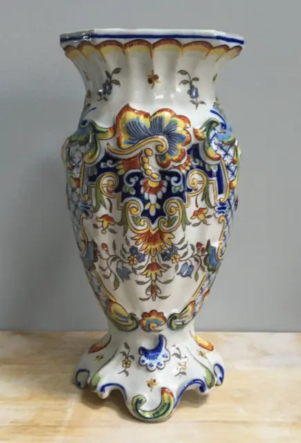Antique Desvres French Faience Hand Painted Polychrome Enamel Footed Vase 25cm H