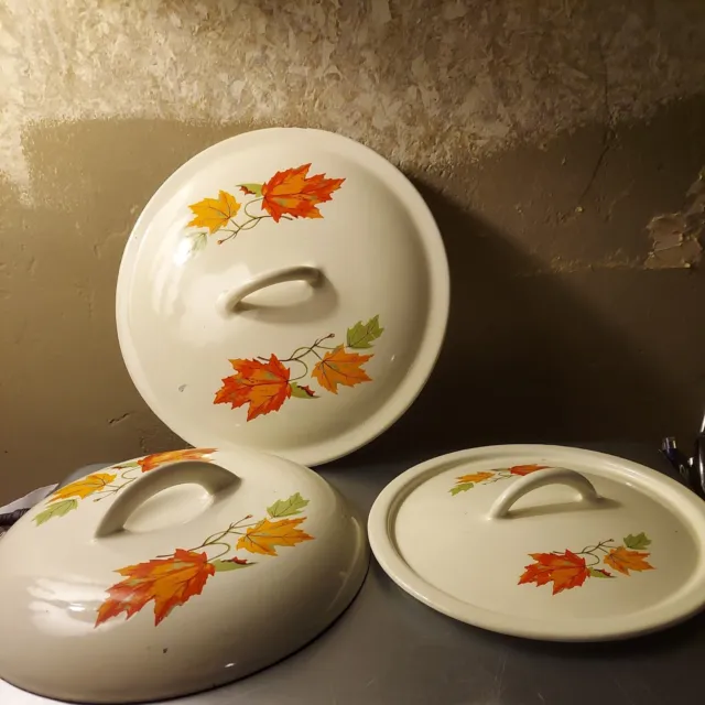 3 Vintage Descoware 8 2-D Autumn Maple Leaf Belgium Cast Iron Enamelware Lids