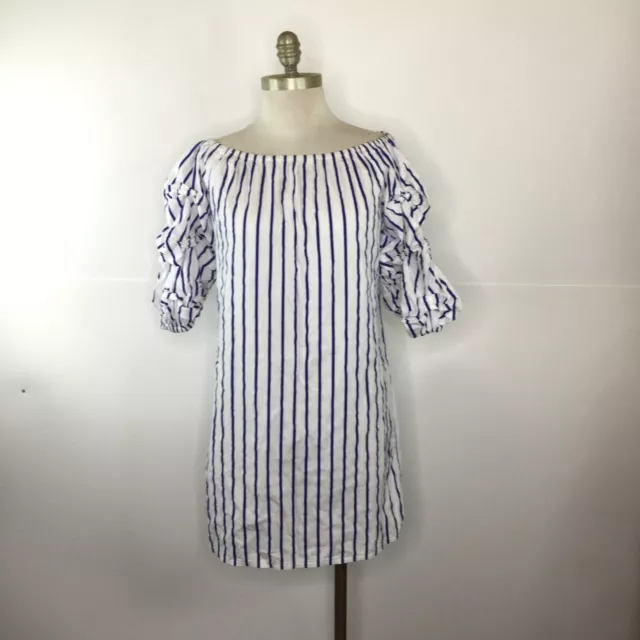 MSK Dress Women Size Medium White Blue Stripes Short Sleeve Off The Shoulder