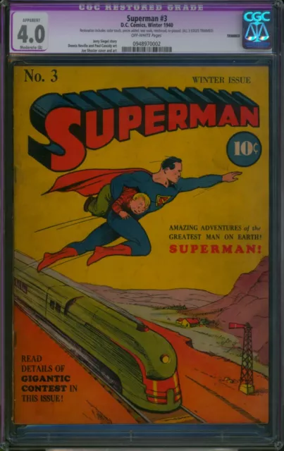 Superman #3 (1940) ⭐ CGC 4.0 Restored ⭐ Rare! Golden Age Jerry Siegel DC Comic