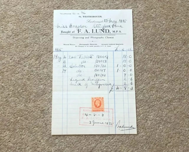 1935 Billhead FA Lund Dispensing + Photographic Chemist Scarborough 2