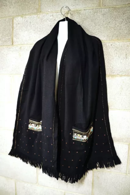 megan park dark blue wool, beaded scarf/shawl with pockets…vgc...