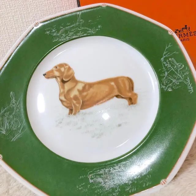 HERMES Chass Green Green 21cm Plate Octagonal Plate Dachshund Dog 2