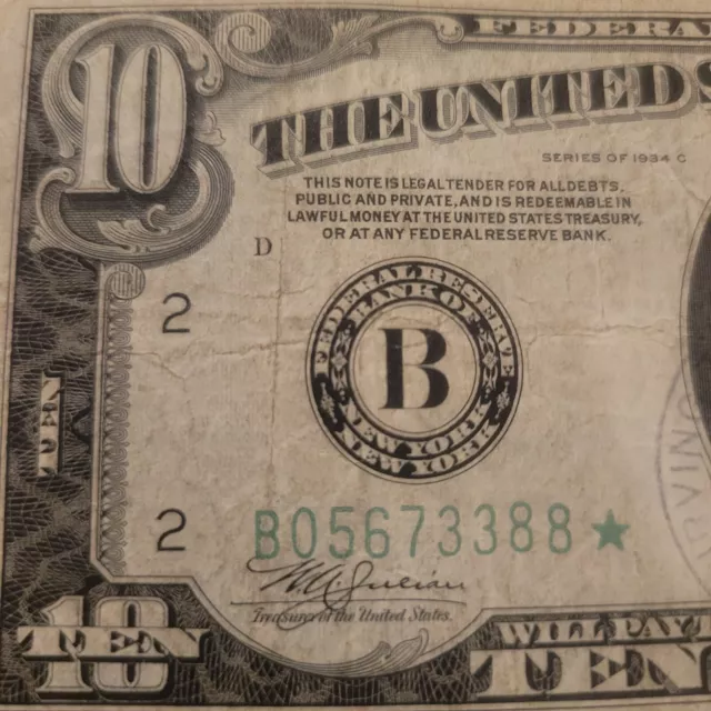 ⭐️1934-D $10 Ten Dollars ⭐️*Star* Frn Federal Reserve Note ⭐️, Ny Very Fine+⭐️