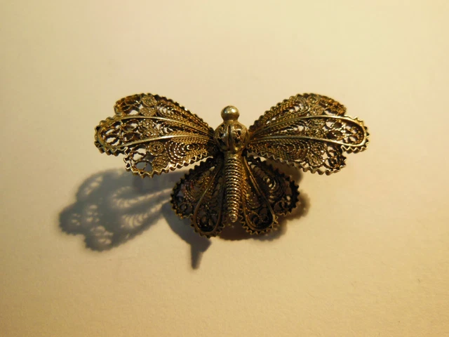 Ancienne Broche Papillon Argent Filigrané Avec Zircons - Poinçonnée - Occasion Très Bon État