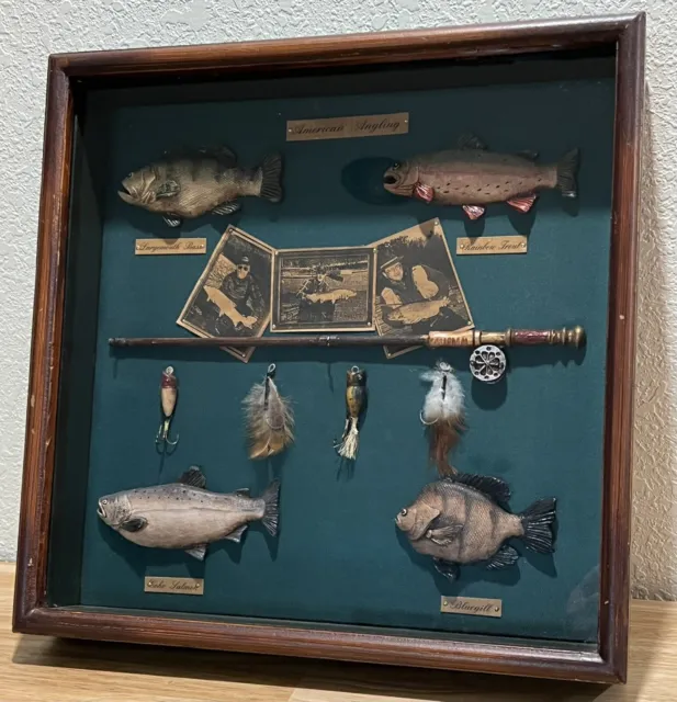 Vtg American Angling Fishing Shadow Box Home Cabin Den Decor Fish & Tackle