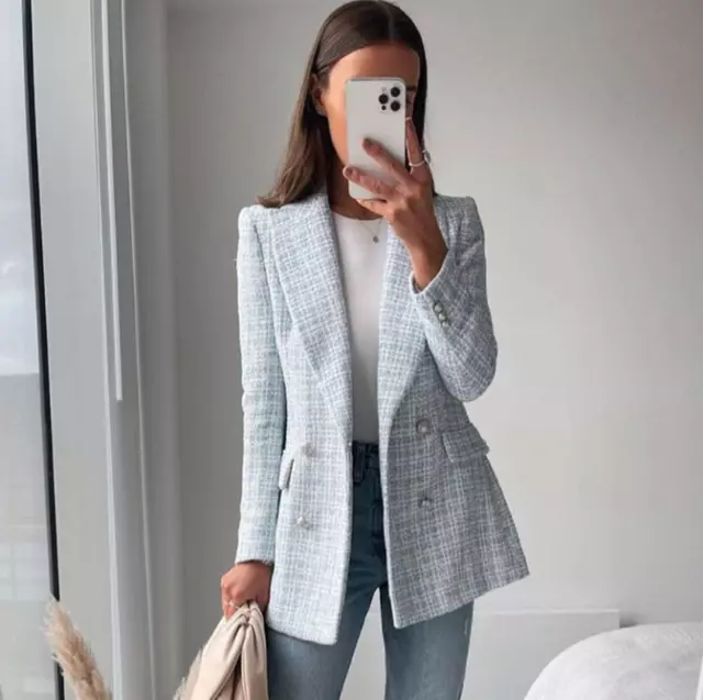 VESTE CHIC FEMME vintage tweed classe bleu ciel bouton dore style tailleur hiver EUR 68 90 PicClick FR